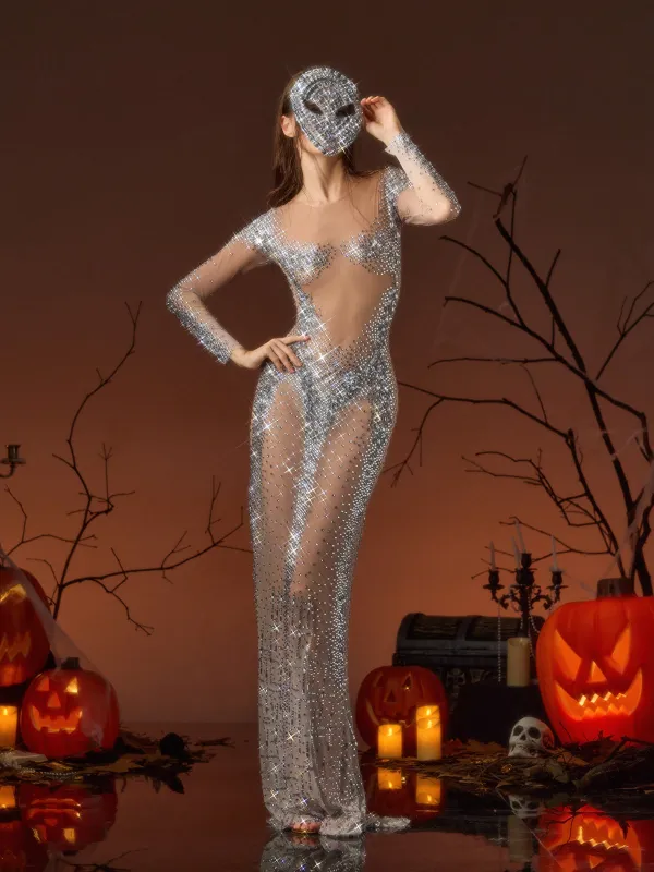 Gevvie Long Sleeve Rhinestone Mesh Dress made by Mew Mews