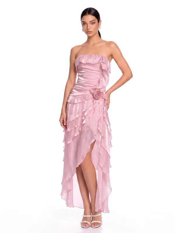 Lavessa Strapless Flower Ruffle Midi Dress made by Mew Mews