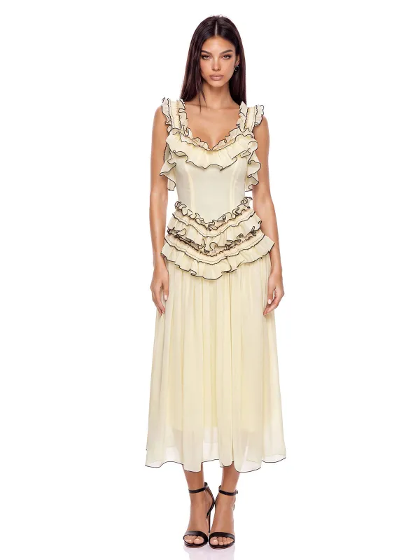 Zurelia Ruffle Ruched Midi Dress made by Mew Mews