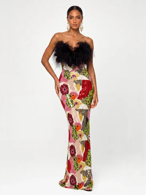 Benvora Strapless Feather Sequin Maxi Dress made by Mew Mews