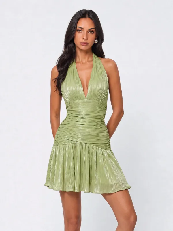Delvion V Neck Pleated Mini Dress made by Mew Mews