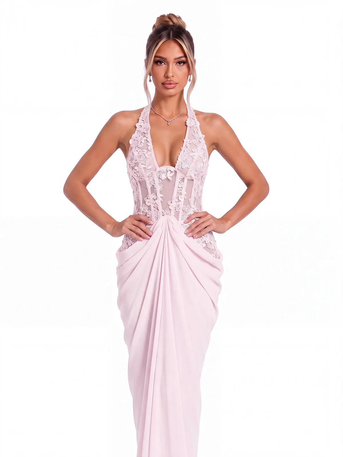 Fantasia Halterneck Lace Ruched Maxi Dress sold by Mew Mews product image thumbnail 2