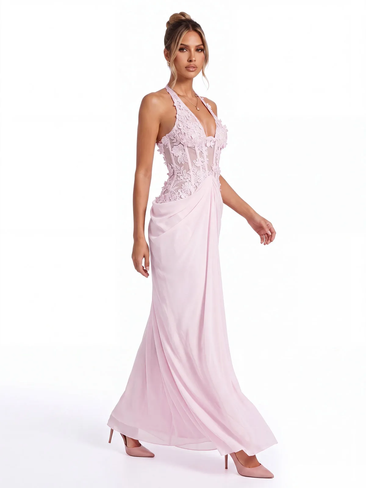 Fantasia Halterneck Lace Ruched Maxi Dress sold by Mew Mews product image thumbnail 3