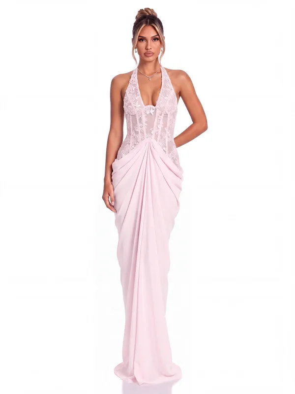 Fantasia Halterneck Lace Ruched Maxi Dress made by Mew Mews