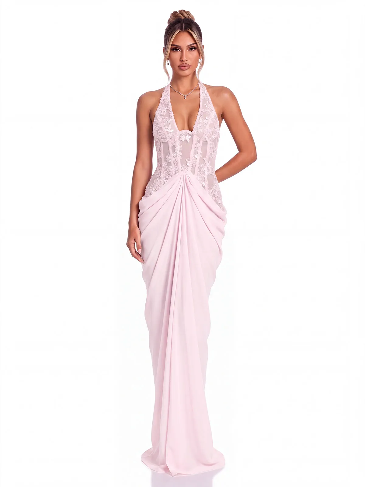 Fantasia Halterneck Lace Ruched Maxi Dress sold by Mew Mews