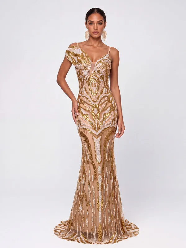 Navrune Spaghetti Sequin Rhinestone Maxi Dress made by Mew Mews