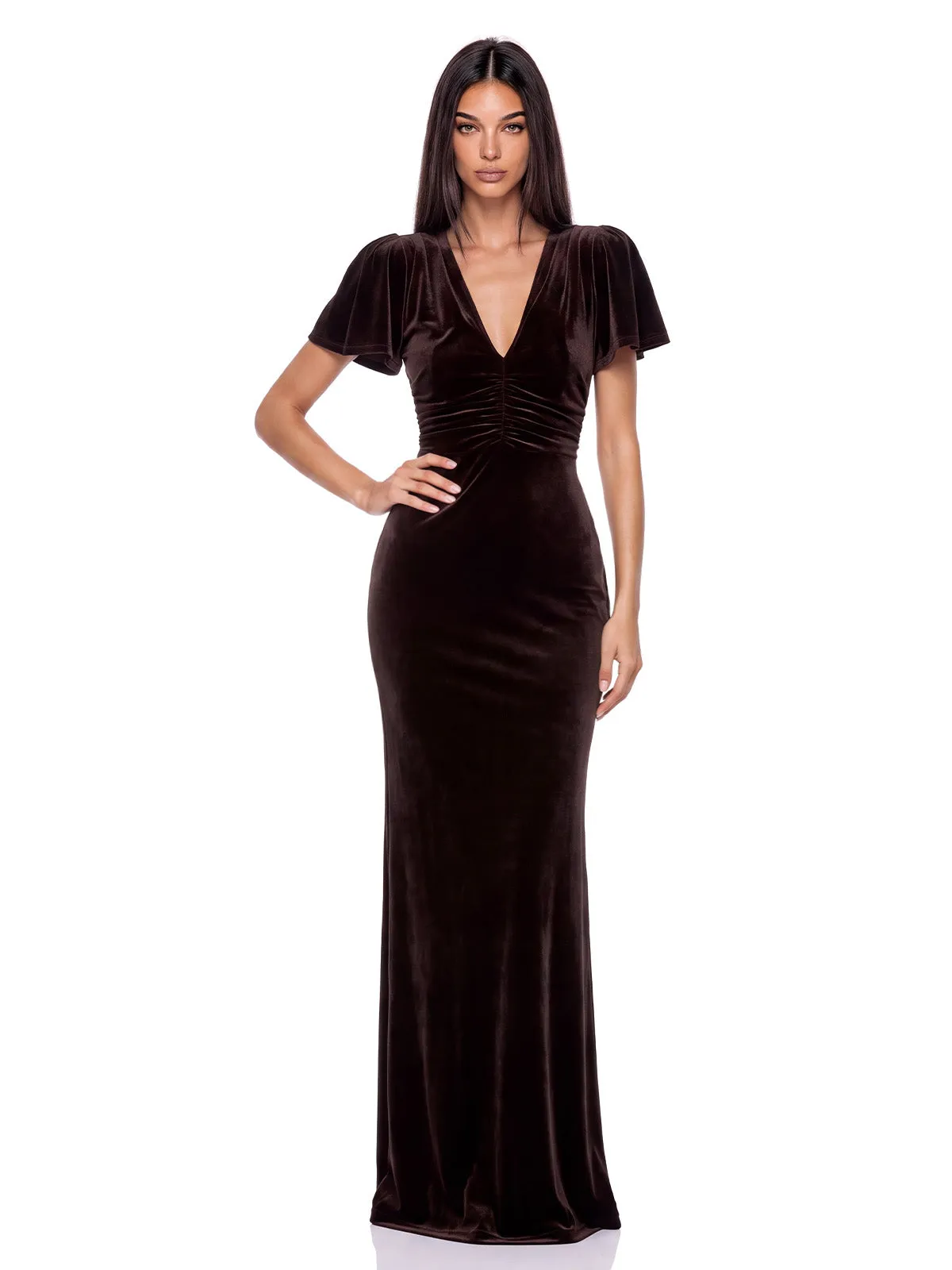 Hadas V Neck Ruched Velvet Maxi Dress sold by Mew Mews