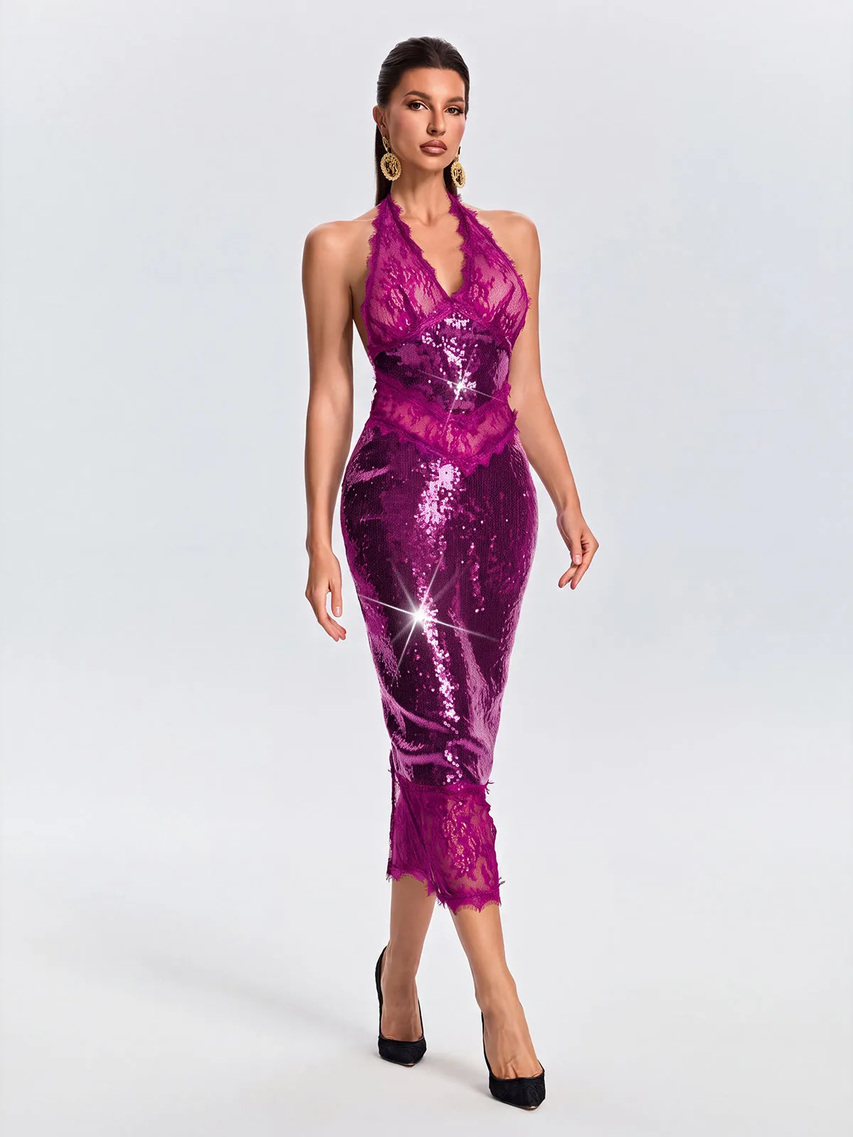 Virellon Halterneck Lace Sequin Midi Dress In Purple sold by Mew Mews product image thumbnail 2