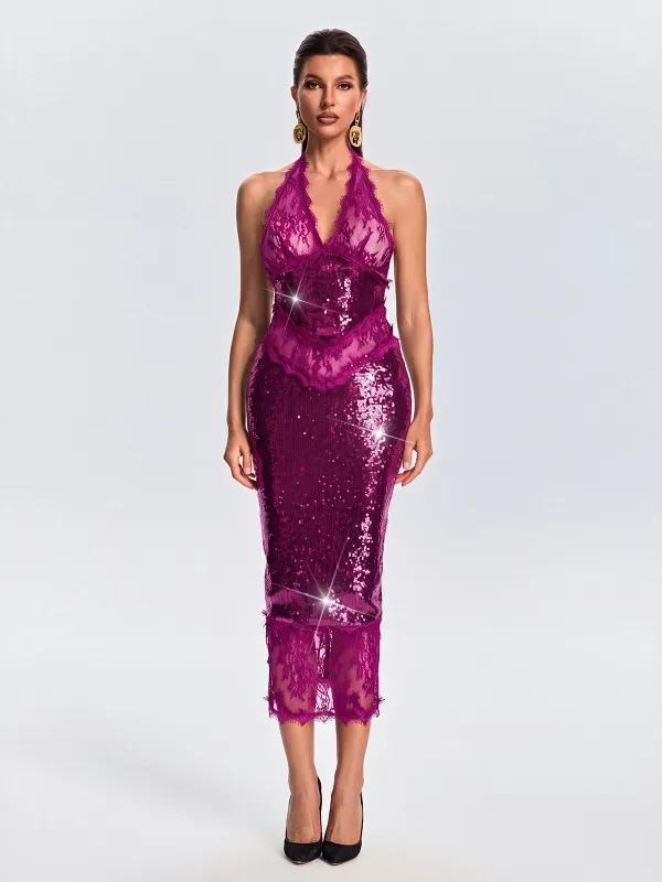 Virellon Halterneck Lace Sequin Midi Dress In Purple made by Mew Mews