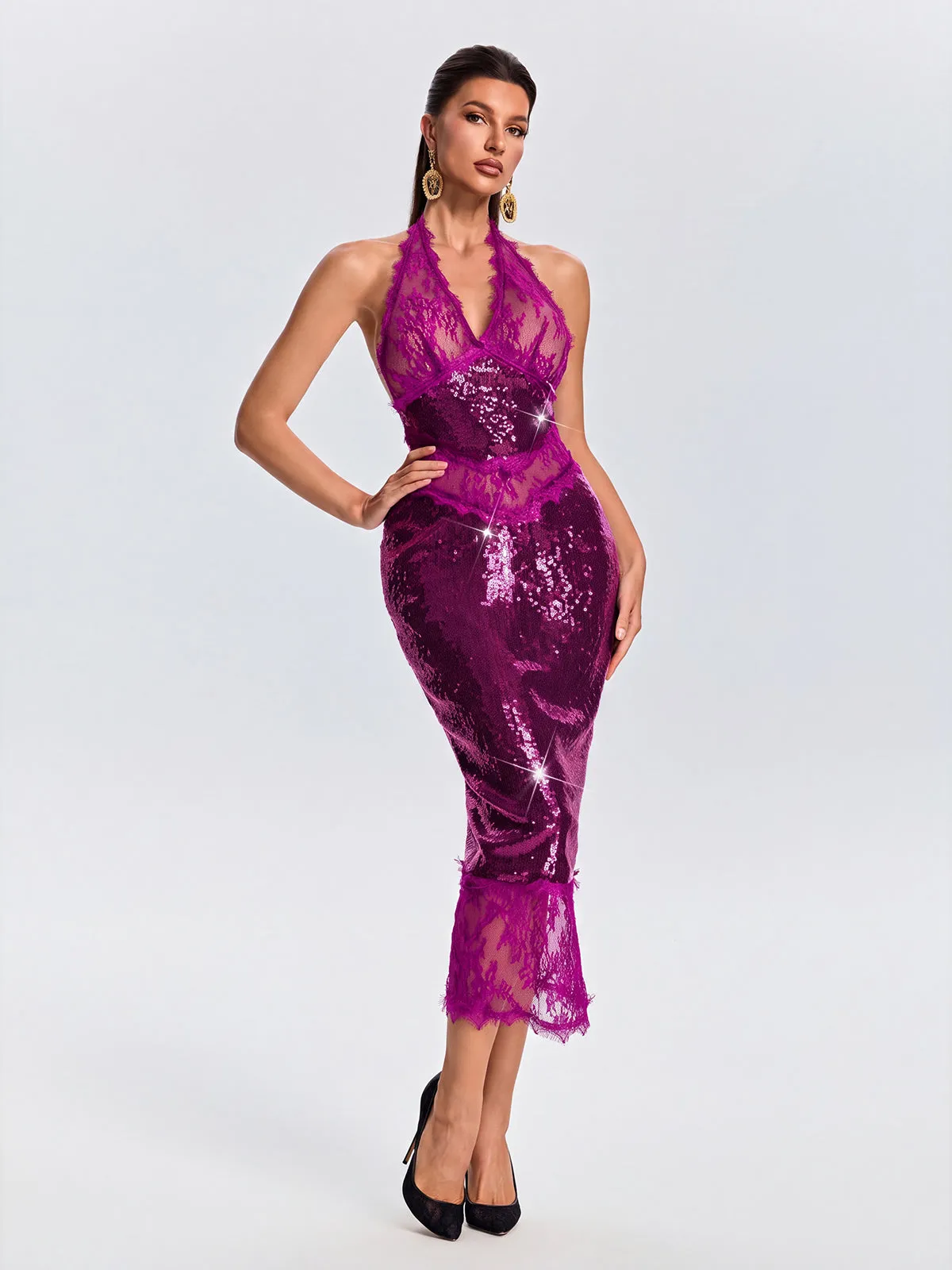 Virellon Halterneck Lace Sequin Midi Dress In Purple sold by Mew Mews product image thumbnail 3