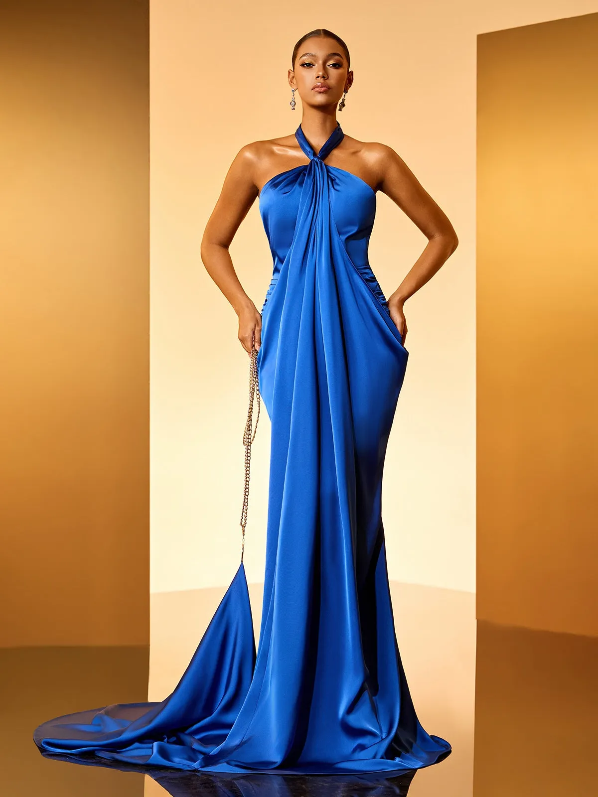 Brandis Halterneck Draped Satin Maxi Dress sold by Mew Mews