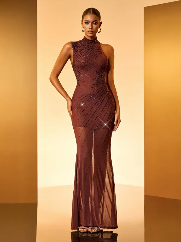 Gryta Sleeveless Rhinestone Mesh Maxi Dress made by Mew Mews