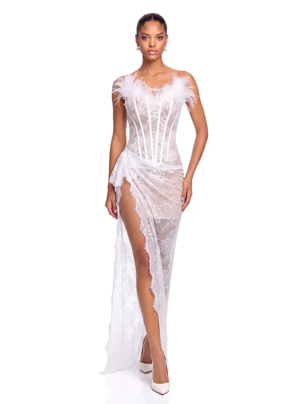 Ildessa Strapless Lace Feather Maxi Dress made by Mew Mews