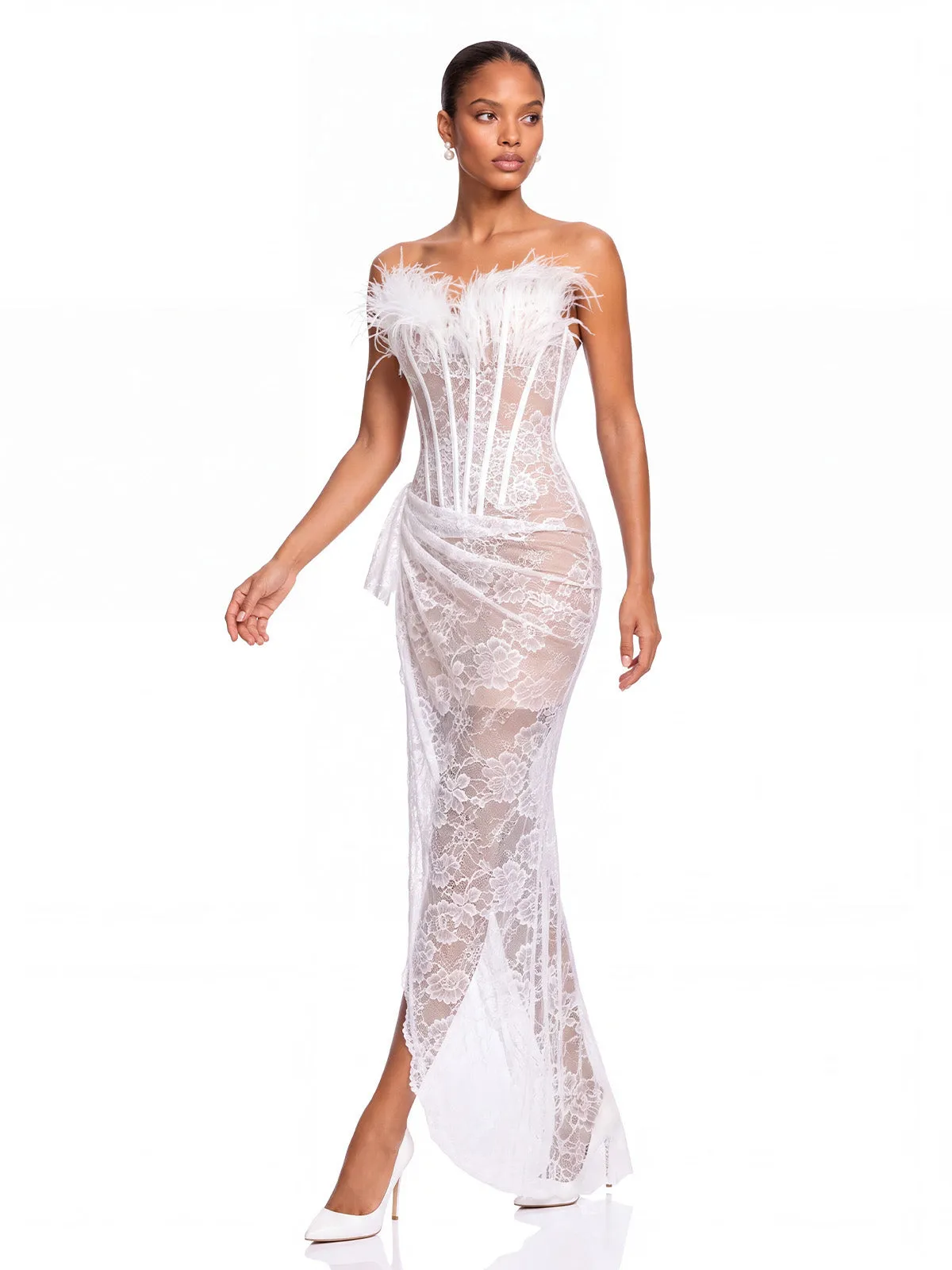 Ildessa Strapless Lace Feather Maxi Dress sold by Mew Mews product image thumbnail 3