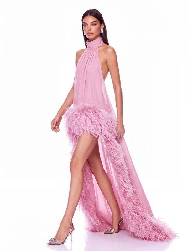 Wyrnek Halterneck Feather Maxi Dress In Pink made by Mew Mews