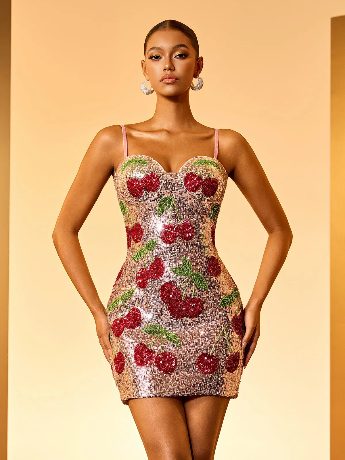 Gzifa Spaghetti Cherry Sequin Mini Dress sold by Mew Mews