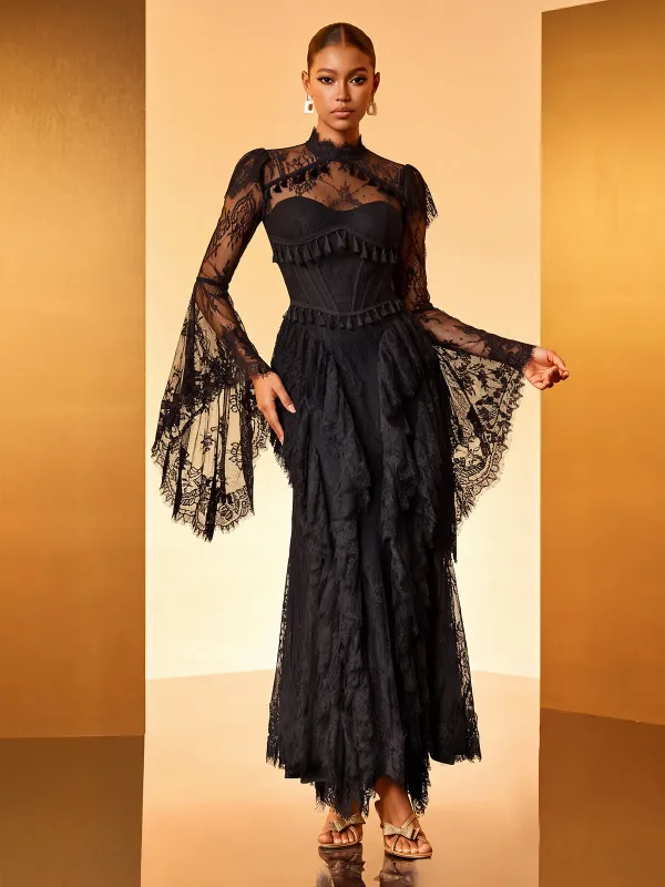 Hali Bell Sleeve Lace Ruffle Maxi Dress In Black made by Mew Mews
