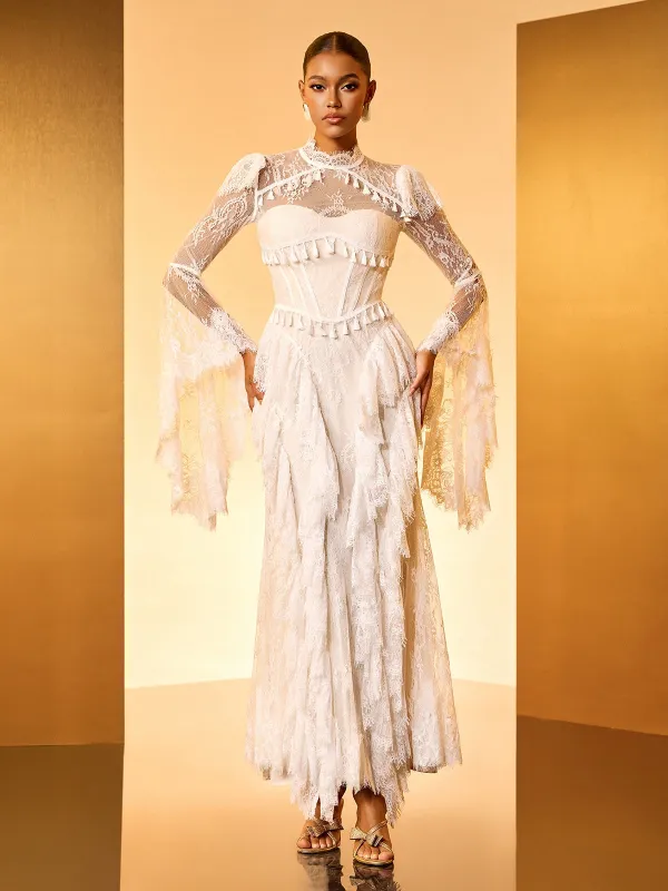 Hali Bell Sleeve Lace Ruffle Maxi Dress In White made by Mew Mews