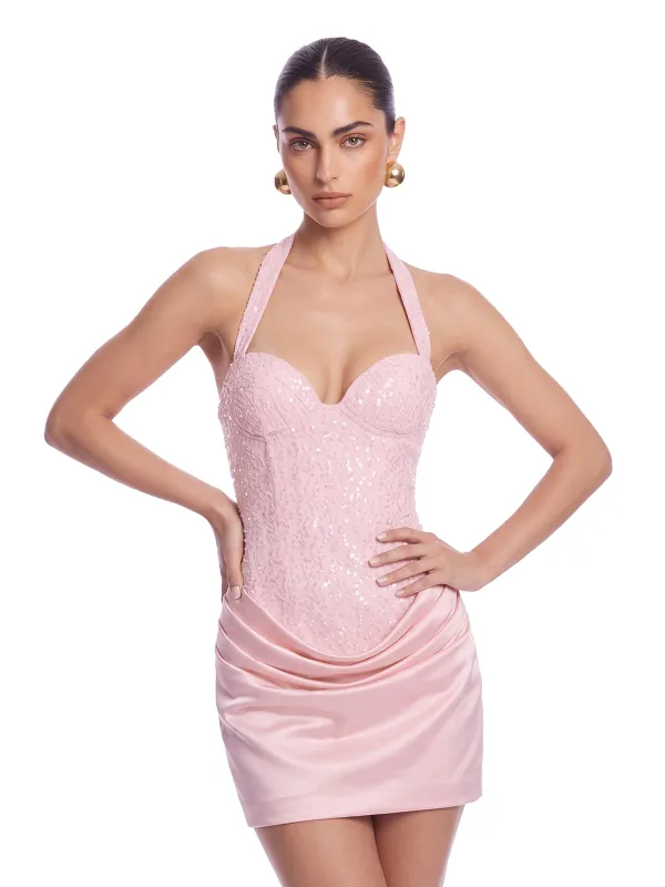 Fendralix Sequin Satin Mini Dress In Pink made by Mew Mews