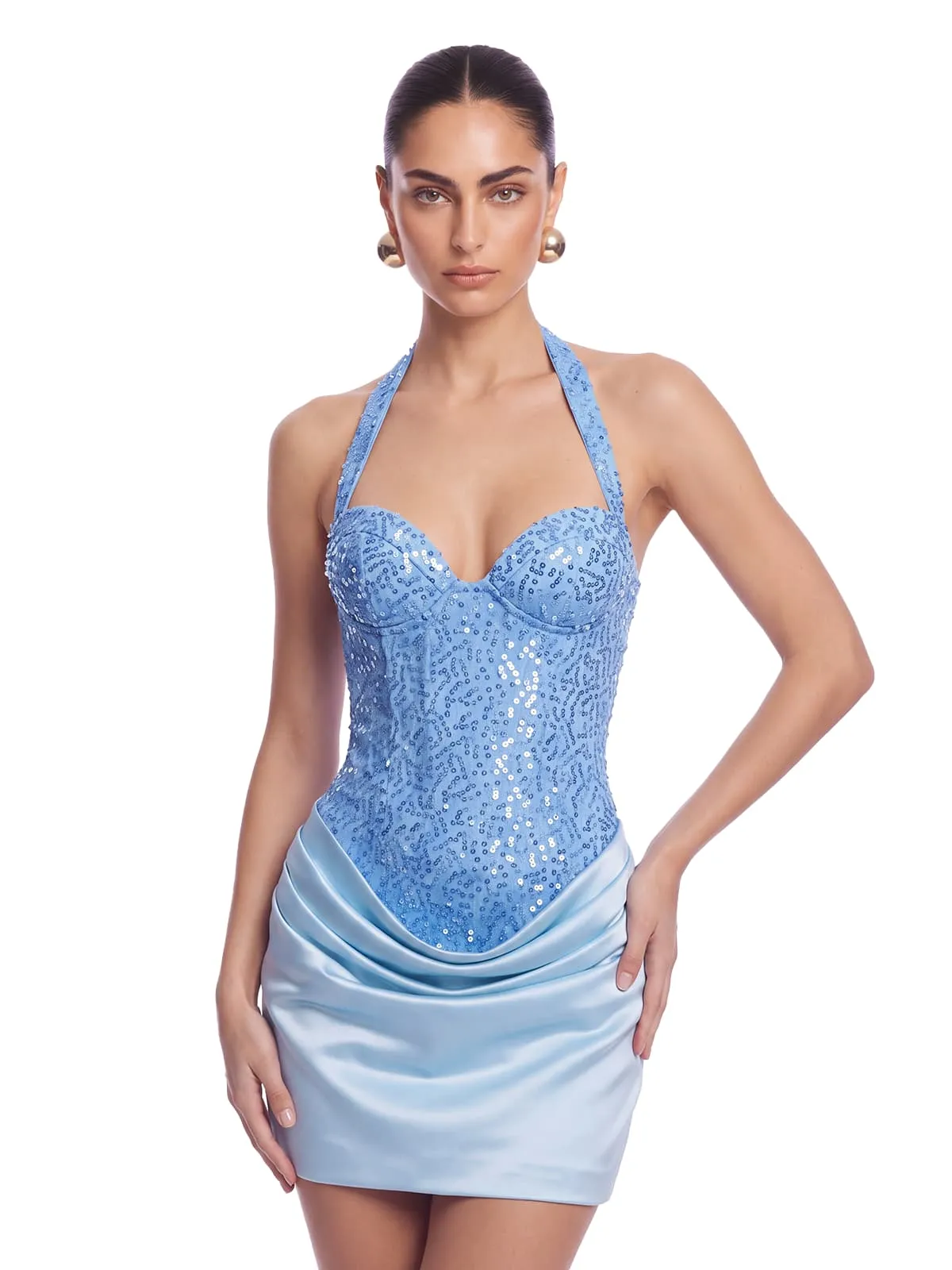 Fendralix Sequin Satin Mini Dress In Blue sold by Mew Mews