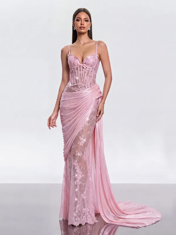 Uvoria Spaghetti Lace Ruched Maxi Dress made by Mew Mews