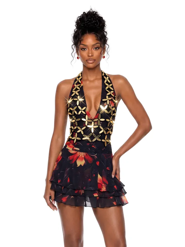 Marnex V Neck Ruffle Floral Mini Dress made by Mew Mews