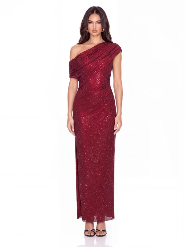 Felnor One Shoulder Rhinestone Maxi Dress made by Mew Mews