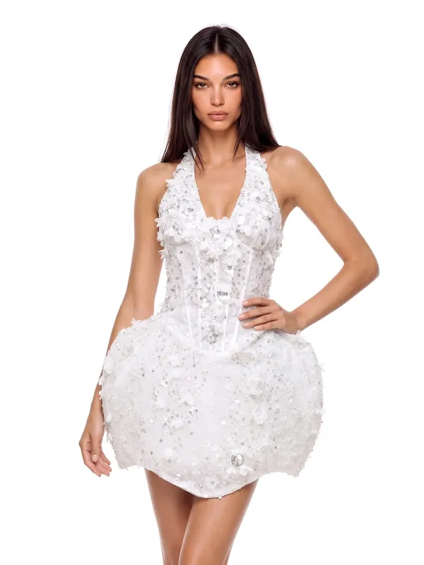 Eltarek Halterneck Sequin Mini Dress In White made by Mew Mews