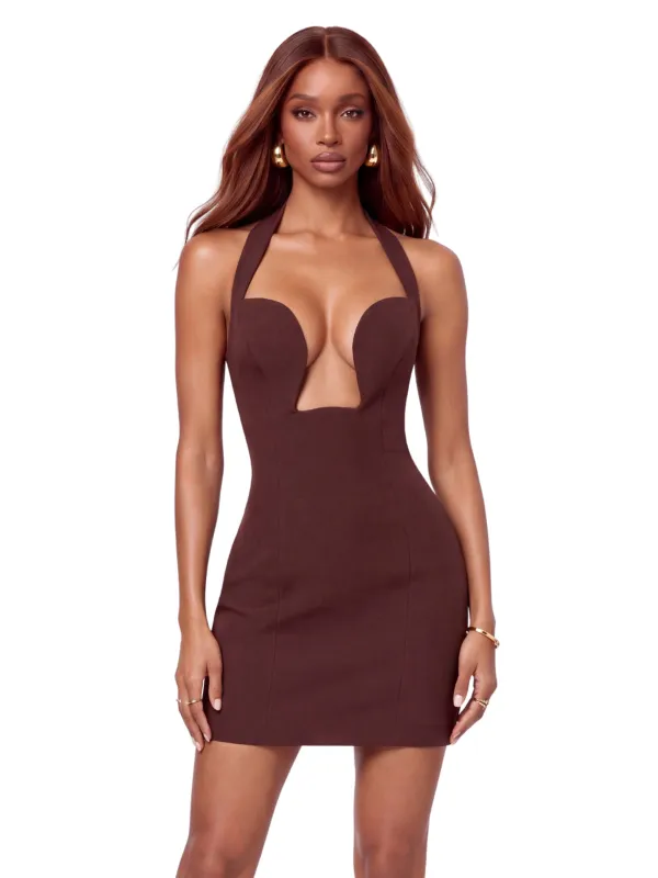 Hurnik Halterneck Lace Up Mini Dress In Coffee made by Mew Mews