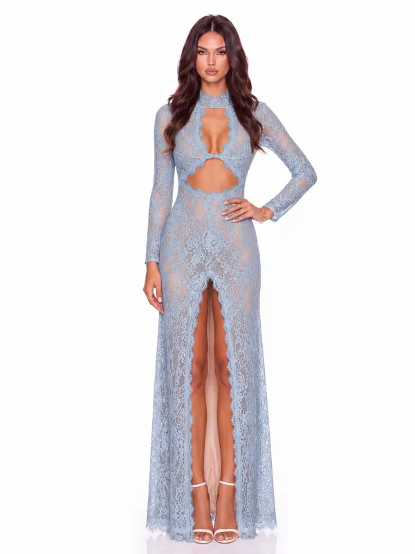 Mareike Long Sleeve Lace Split Maxi Dress In Blue made by Mew Mews