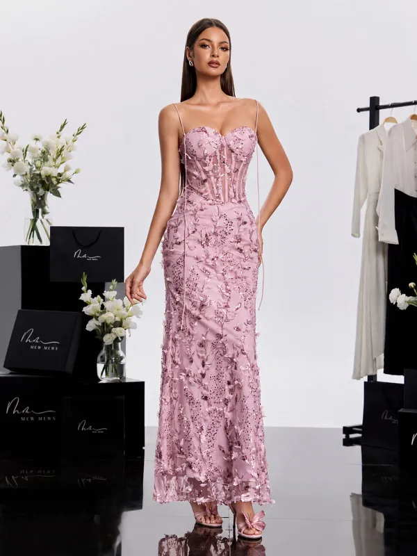 Haranu Spaghetti Corset Sequin Dress In Pink made by Mew Mews