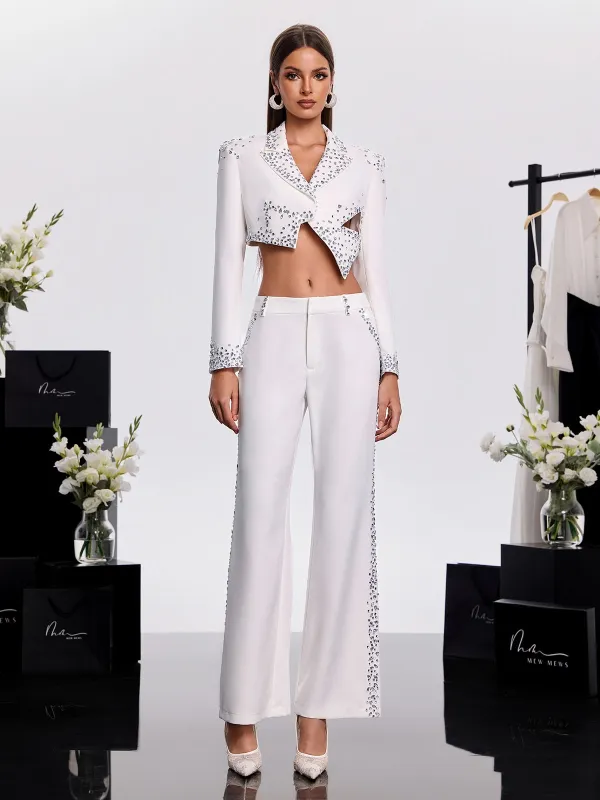 Amsvek Long Sleeve Rhinestone Pants Set made by Mew Mews