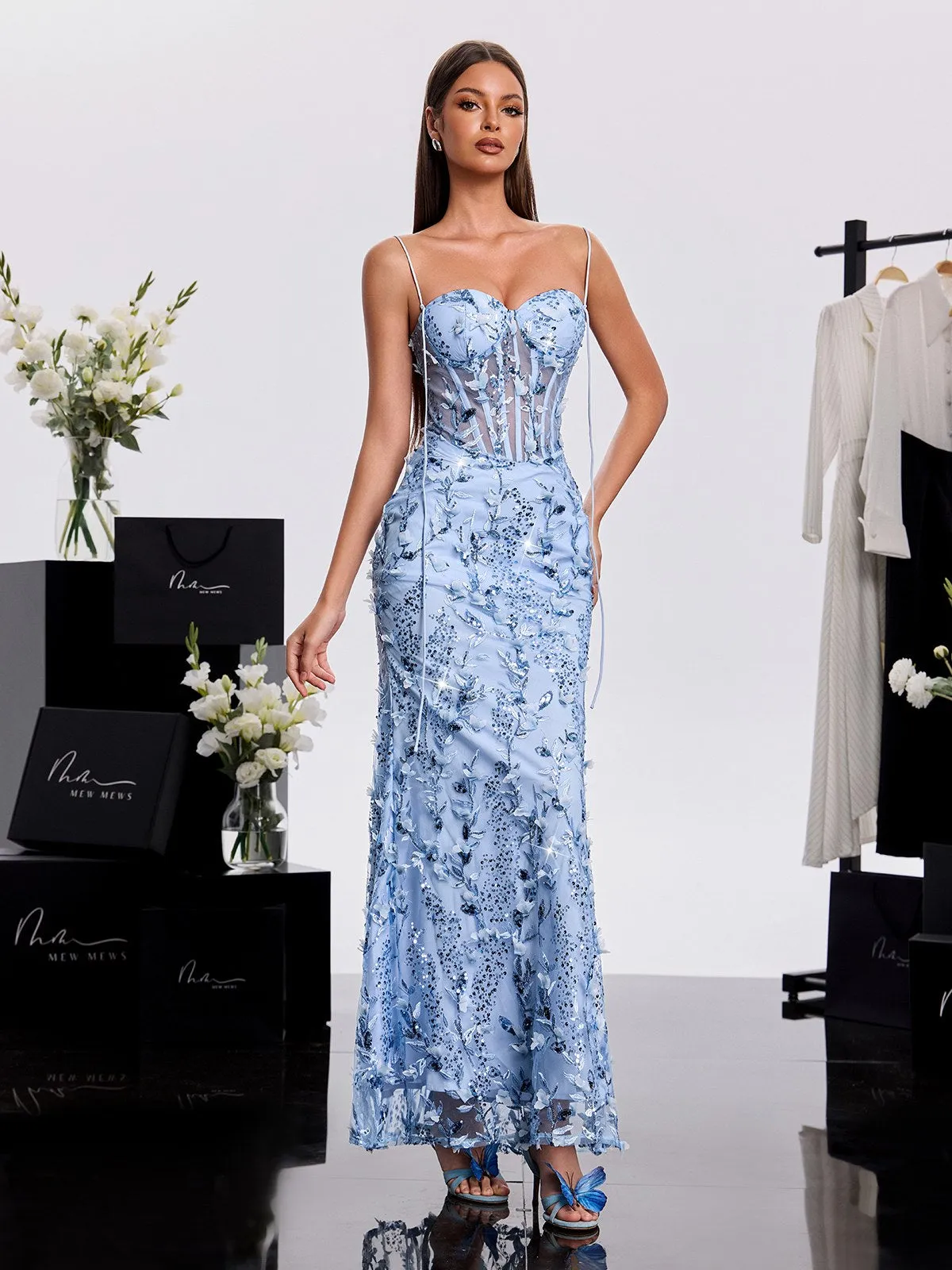 Haranu Spaghetti Corset Sequin Dress In Sky sold by Mew Mews product image thumbnail 2