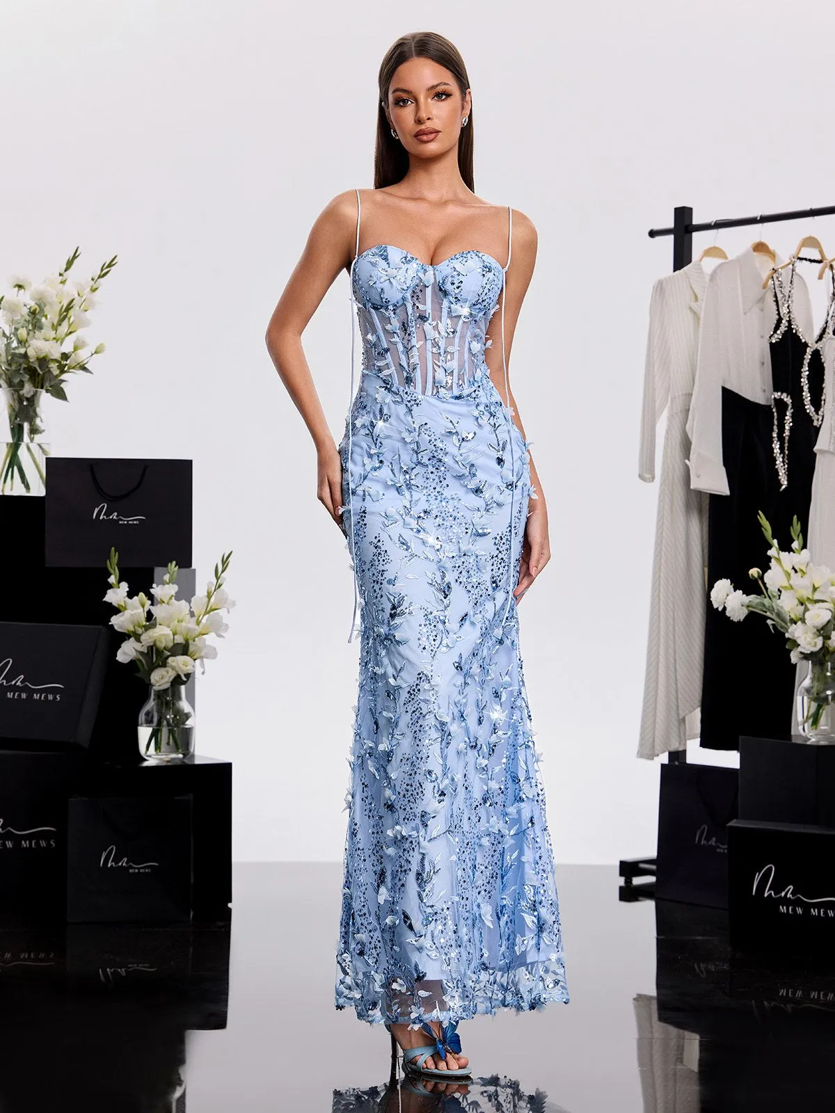 Haranu Spaghetti Corset Sequin Dress In Sky sold by Mew Mews