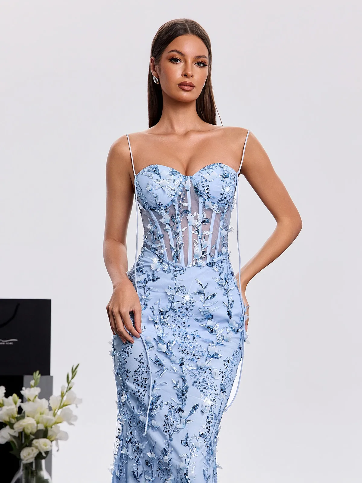 Haranu Spaghetti Corset Sequin Dress In Sky sold by Mew Mews product image thumbnail 5