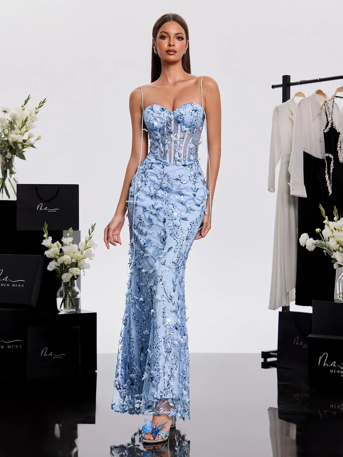 Haranu Spaghetti Corset Sequin Dress In Sky sold by Mew Mews product image thumbnail 4
