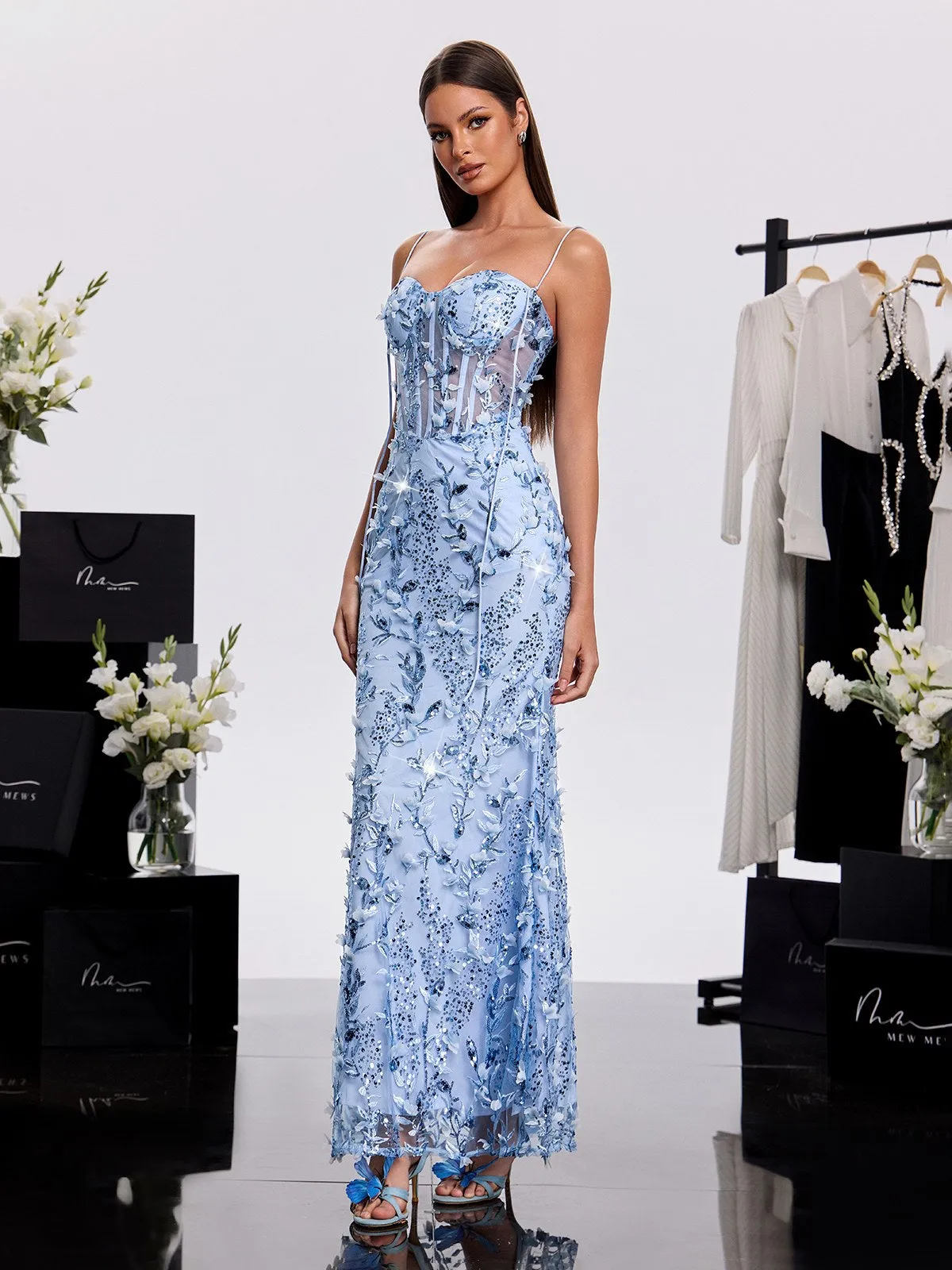 Haranu Spaghetti Corset Sequin Dress In Sky sold by Mew Mews product image thumbnail 3