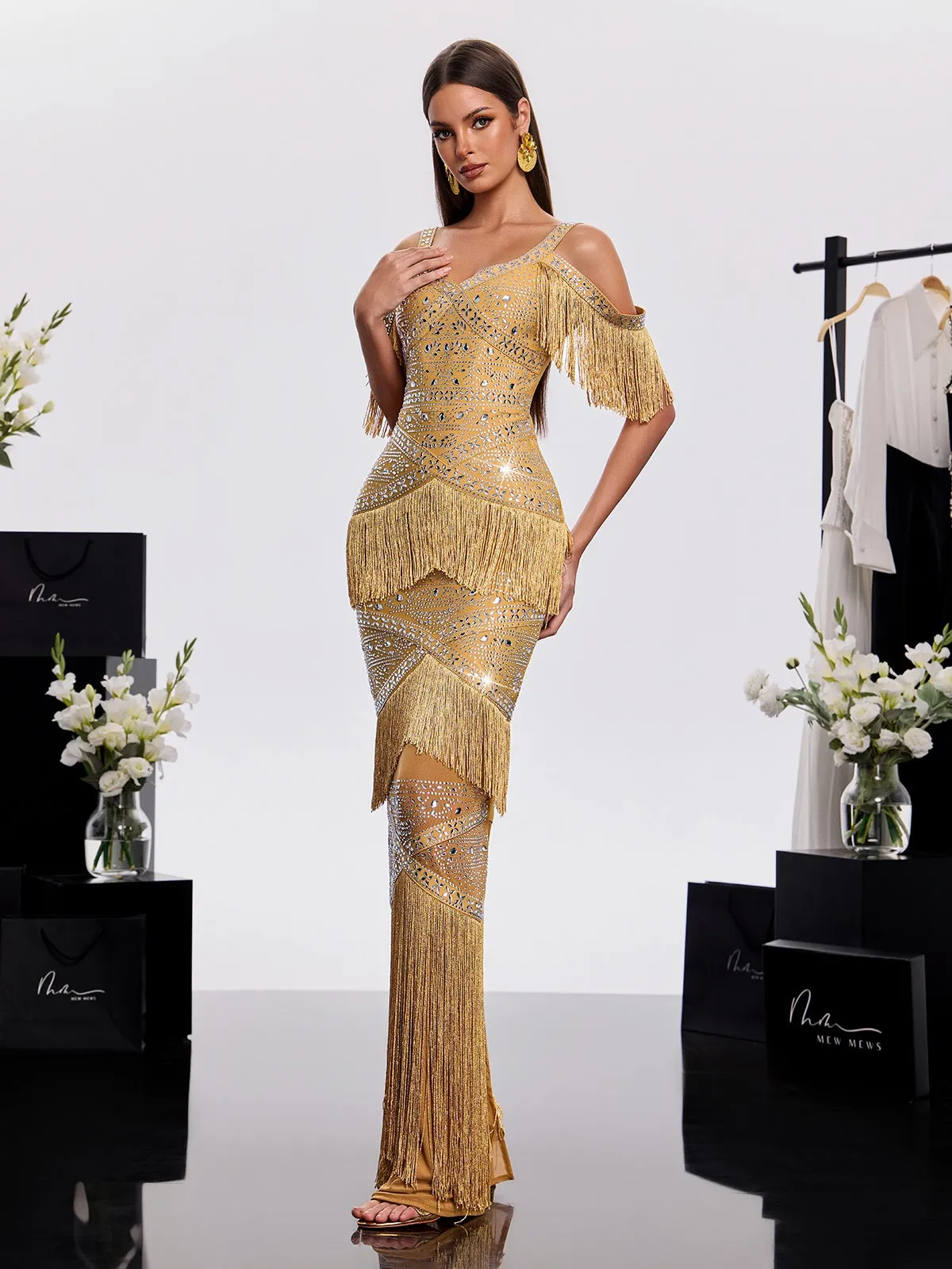Laxden V Neck Fringe Rhinestone Maxi Dress sold by Mew Mews product image thumbnail 2