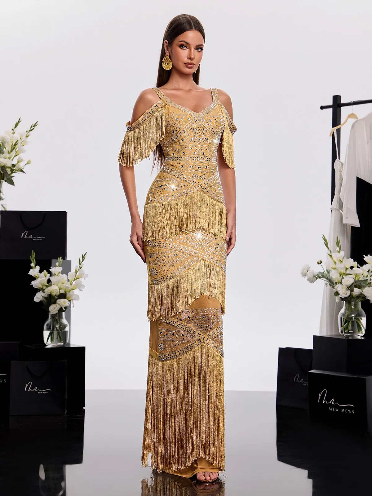 Laxden V Neck Fringe Rhinestone Maxi Dress sold by Mew Mews product image thumbnail 3