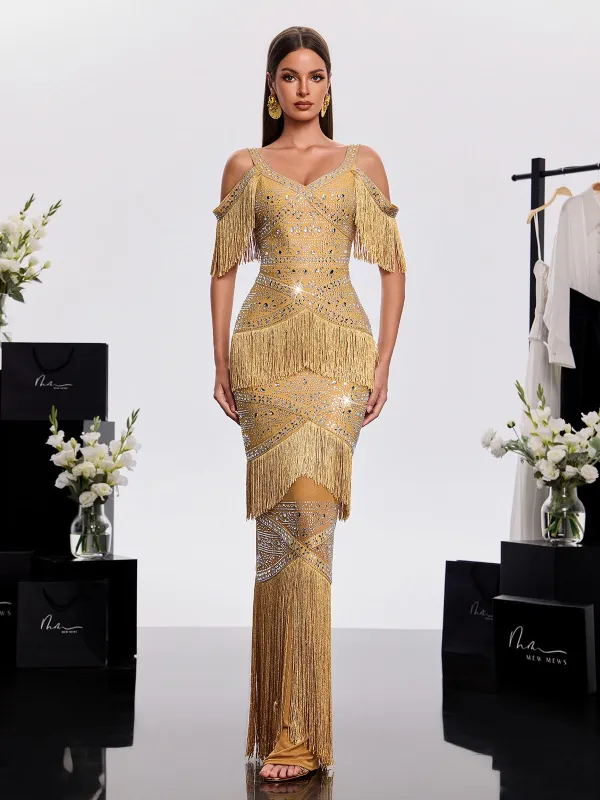 Laxden V Neck Fringe Rhinestone Maxi Dress made by Mew Mews