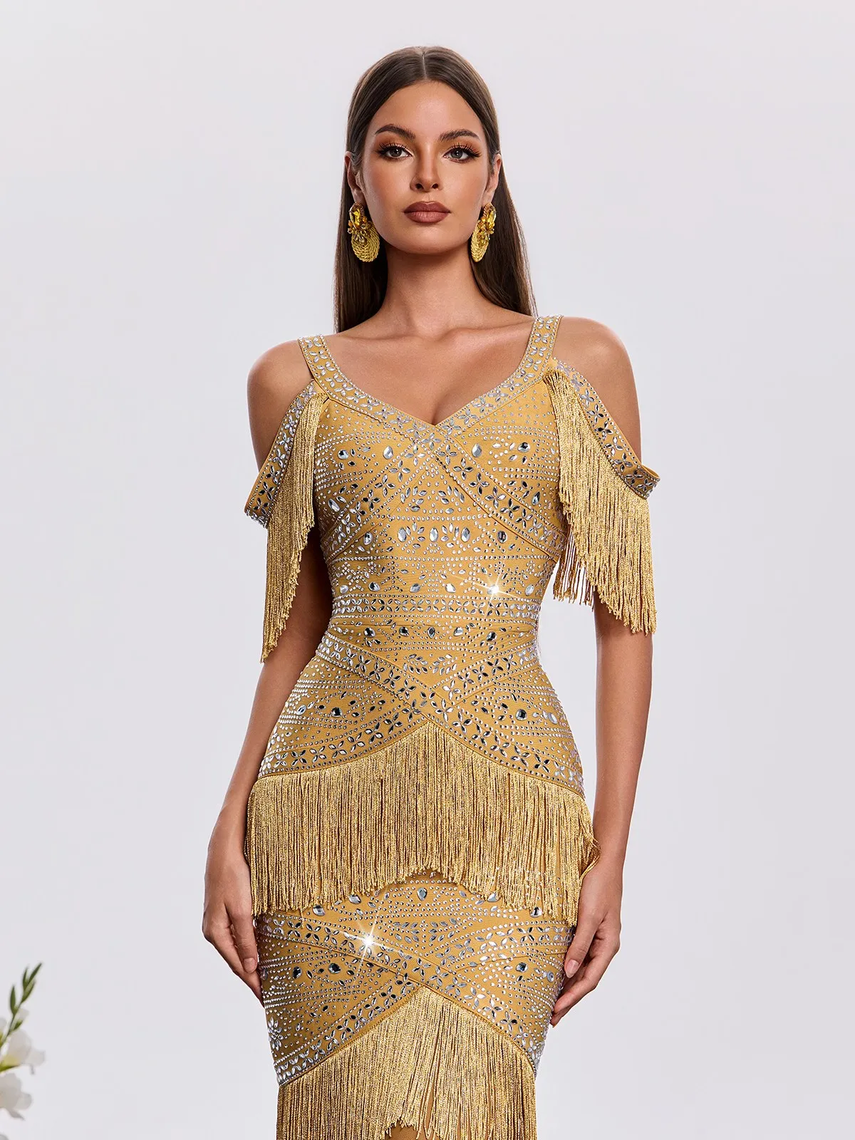 Laxden V Neck Fringe Rhinestone Maxi Dress sold by Mew Mews product image thumbnail 4