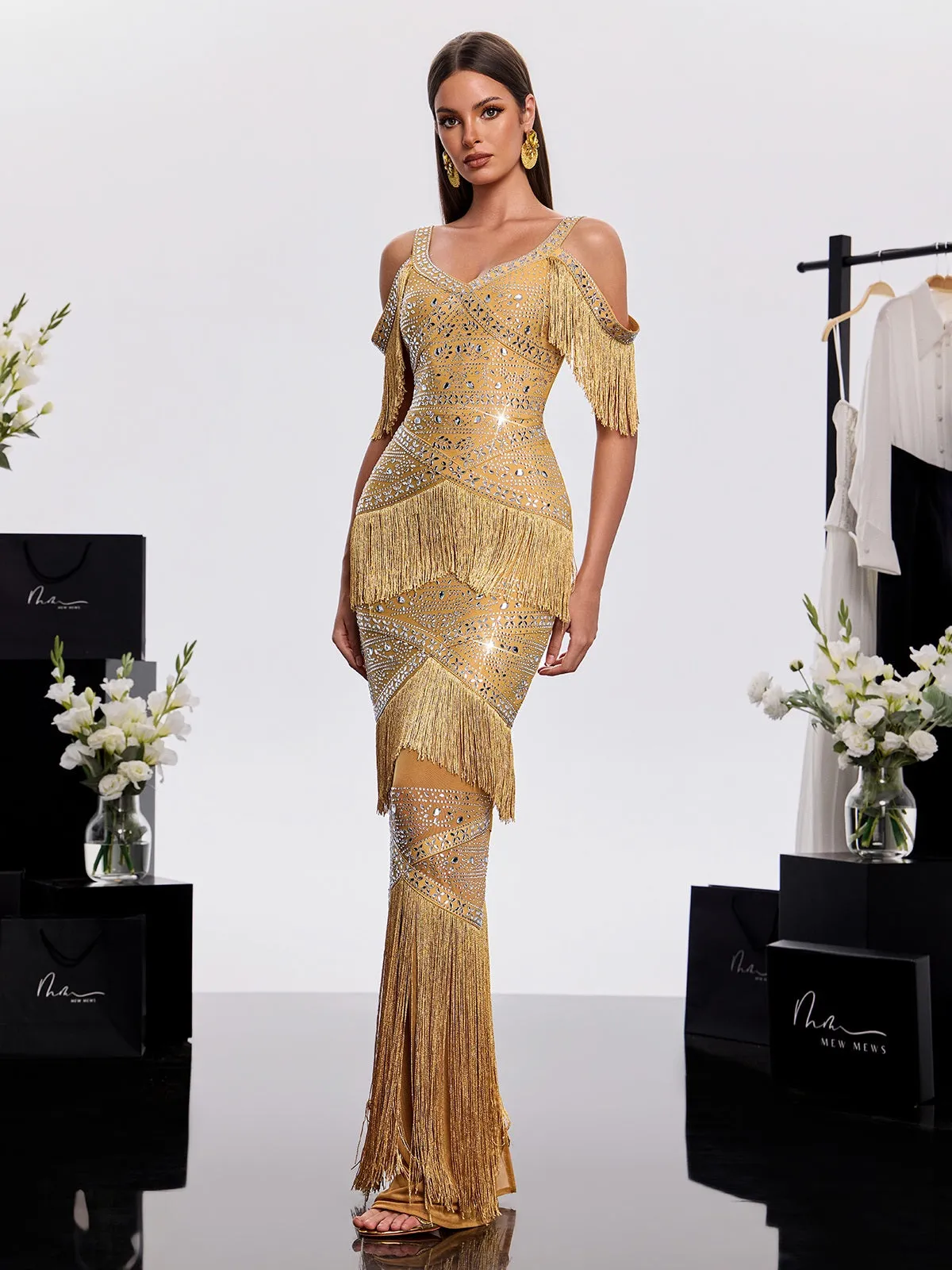 Laxden V Neck Fringe Rhinestone Maxi Dress sold by Mew Mews product image thumbnail 5