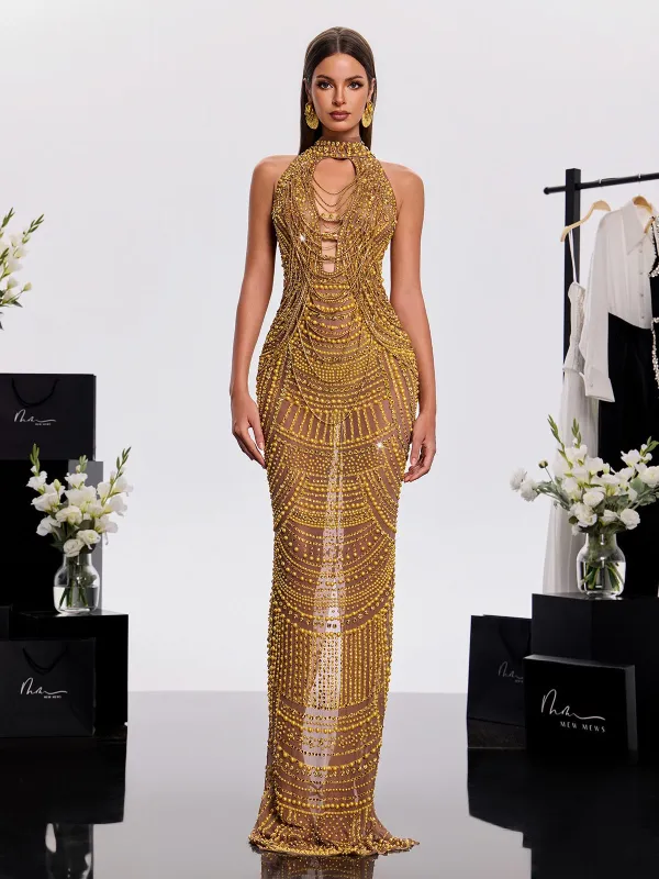 Kurnel Cutout Pearl Chain Maxi Dress made by Mew Mews