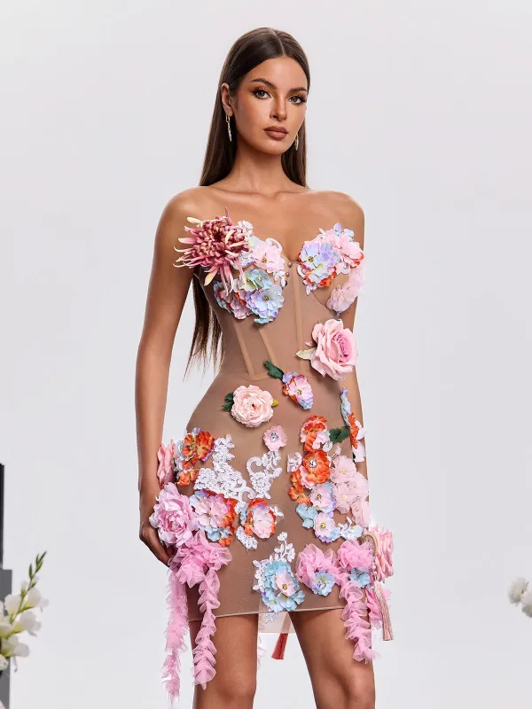 Jaldex Strapless Flower Mini Dress In Nude made by Mew Mews
