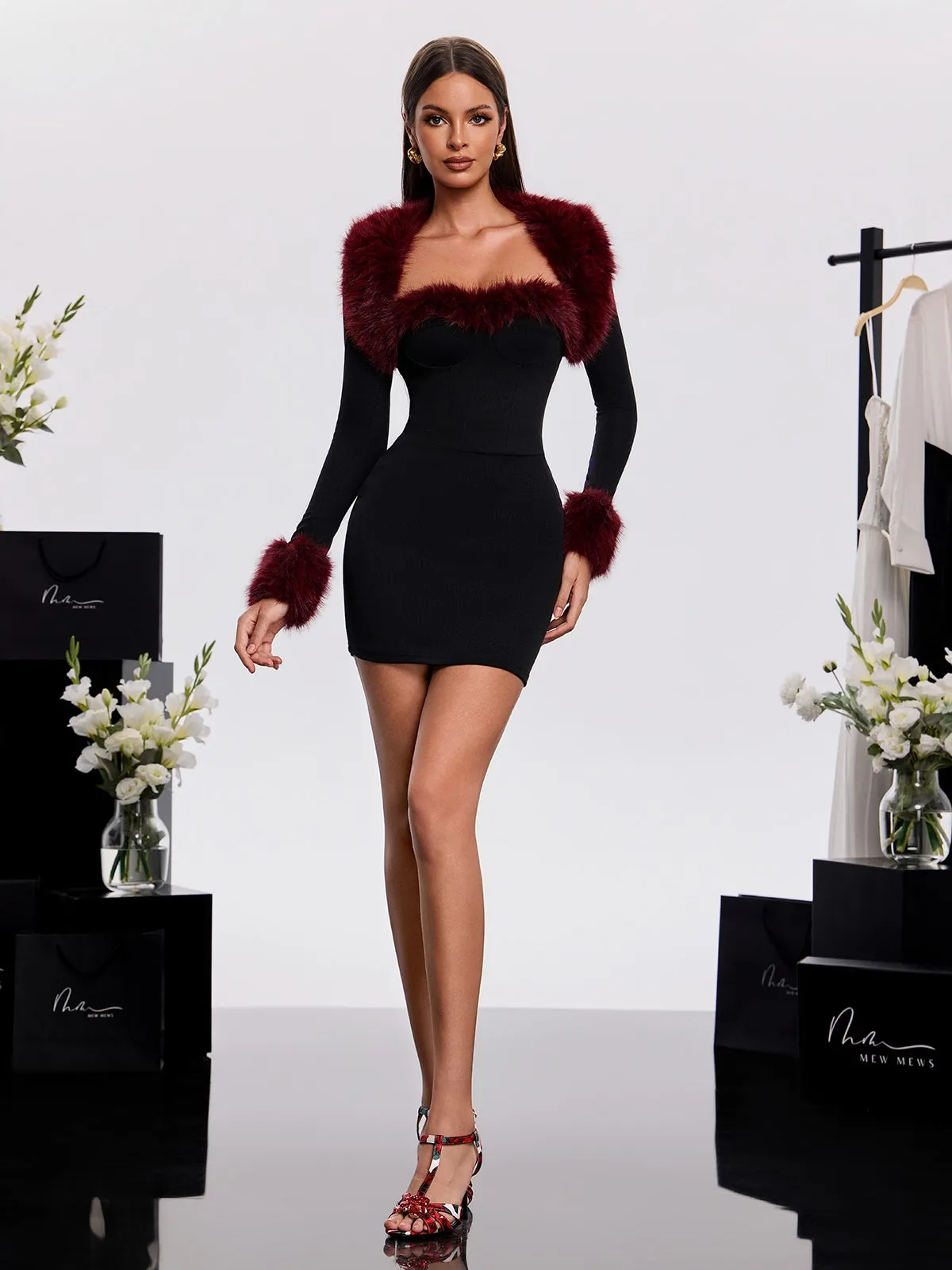 Vatheris Long Sleeve Faux Fur Mini Dress sold by Mew Mews product image thumbnail 3