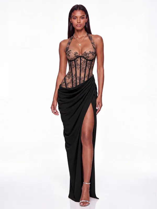 Fujiye Halterneck Lace Corset Split Dress In Black made by Mew Mews
