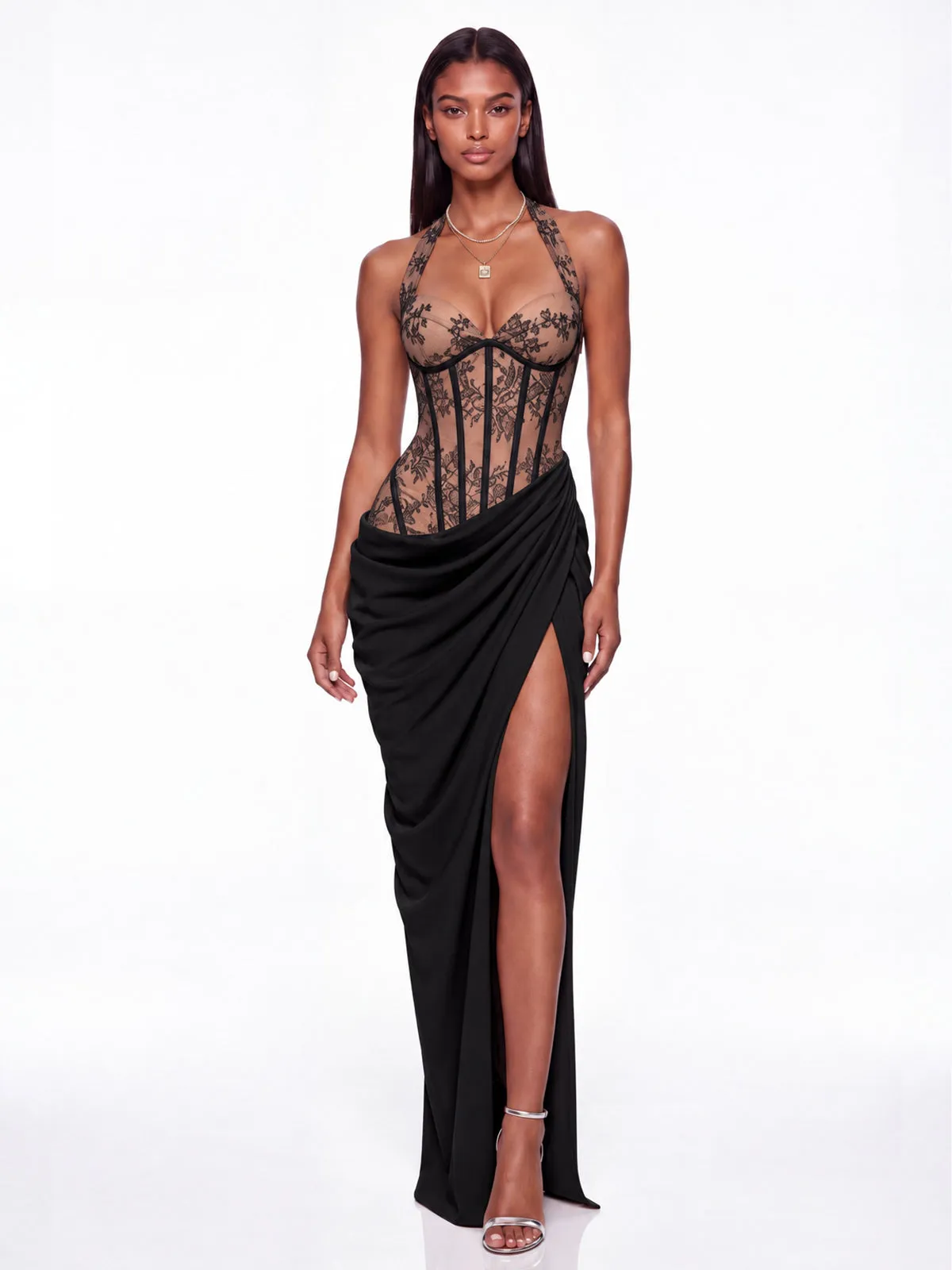 Fujiye Halterneck Lace Corset Split Dress In Black sold by Mew Mews