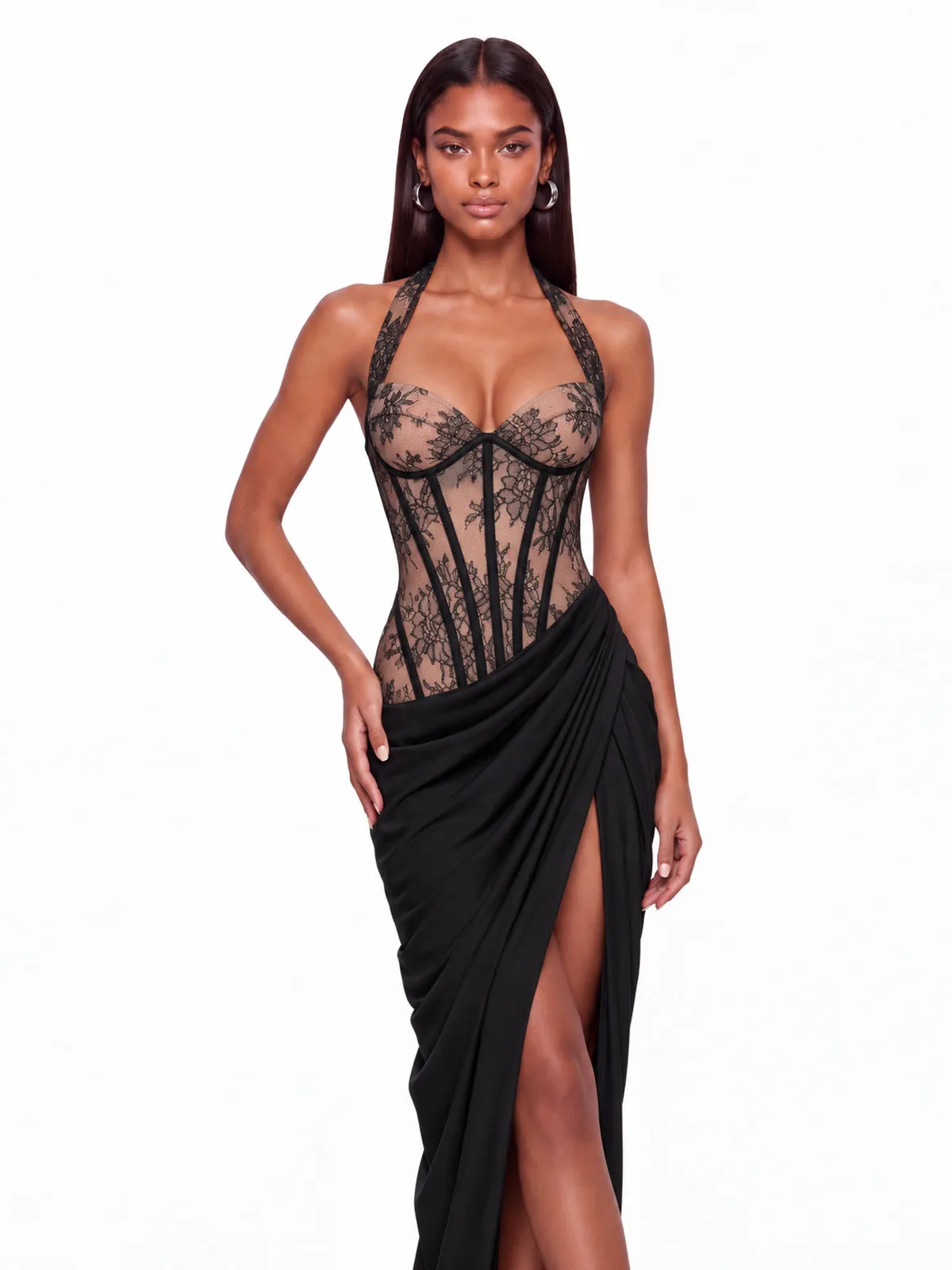 Fujiye Halterneck Lace Corset Split Dress In Black sold by Mew Mews product image thumbnail 5
