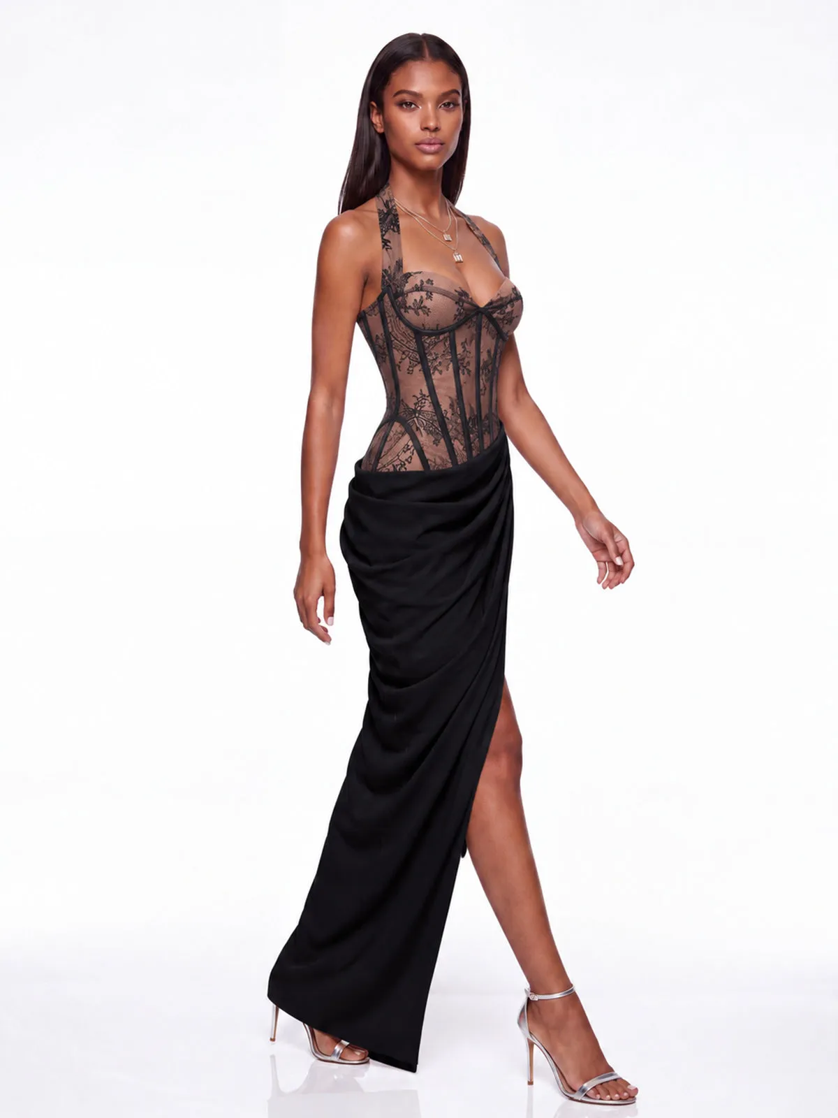 Fujiye Halterneck Lace Corset Split Dress In Black sold by Mew Mews product image thumbnail 2