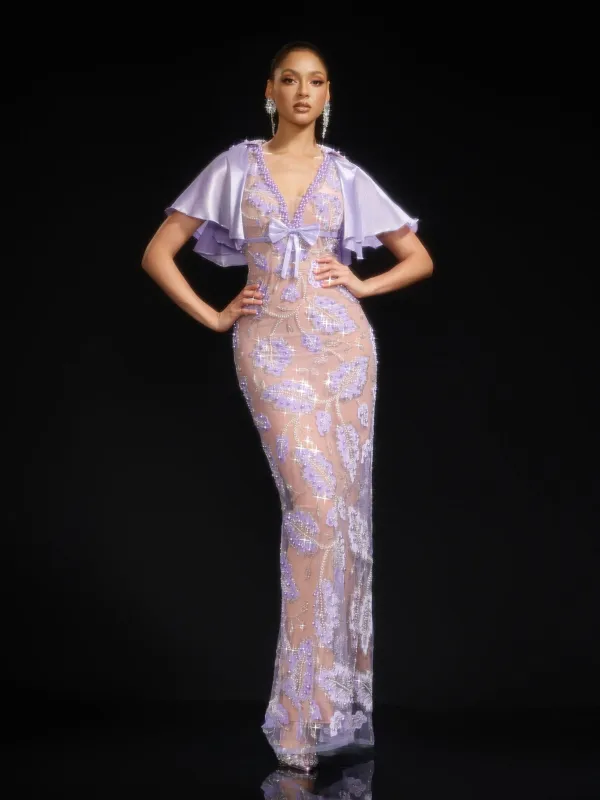 Irsavo Cape Sequin Pearl Maxi Dress made by Mew Mews